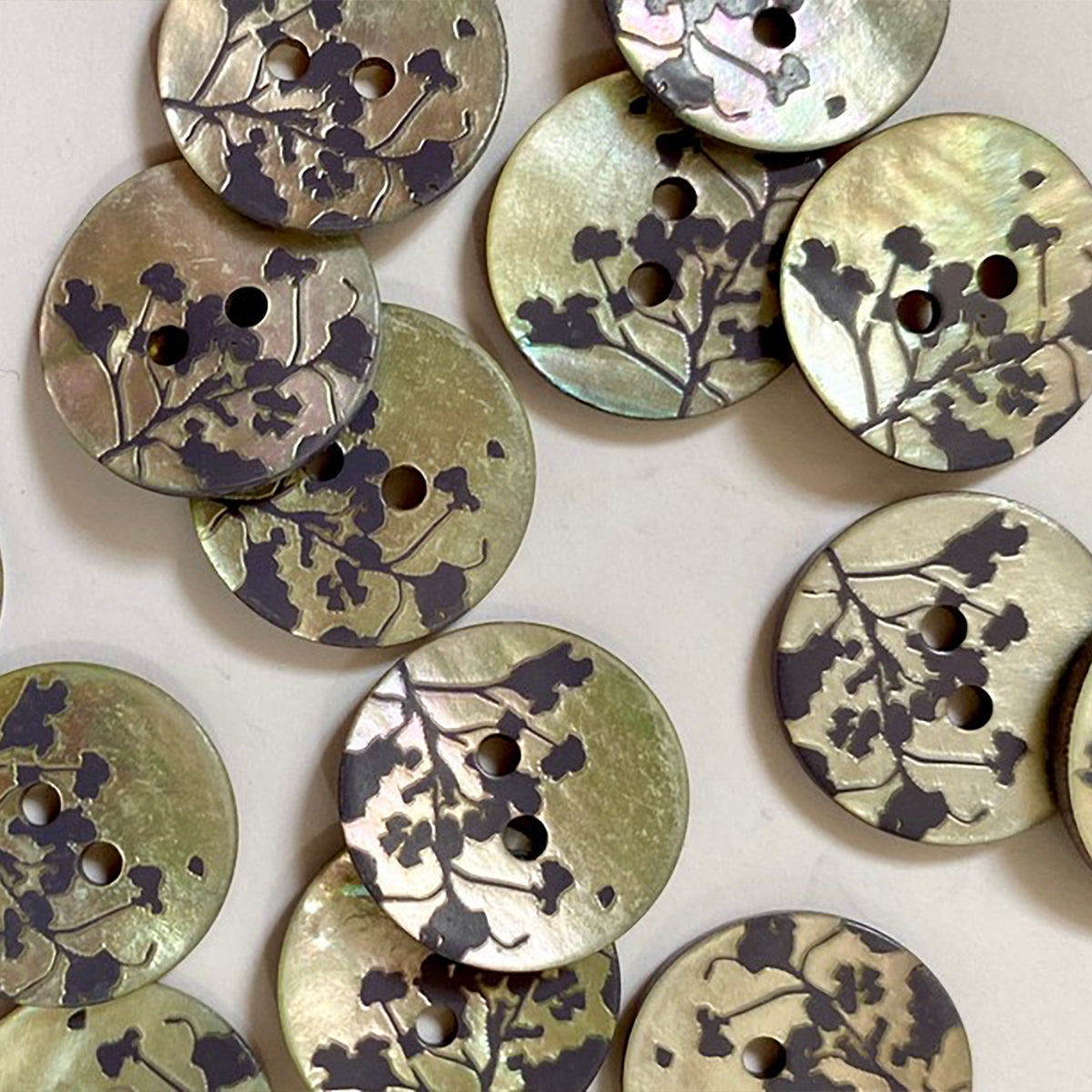 Shell with dark purple/blue laser leaf pattern button