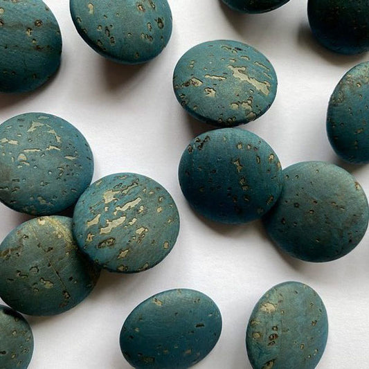 Wooden, dyed cork covered buttons, teal green / blue